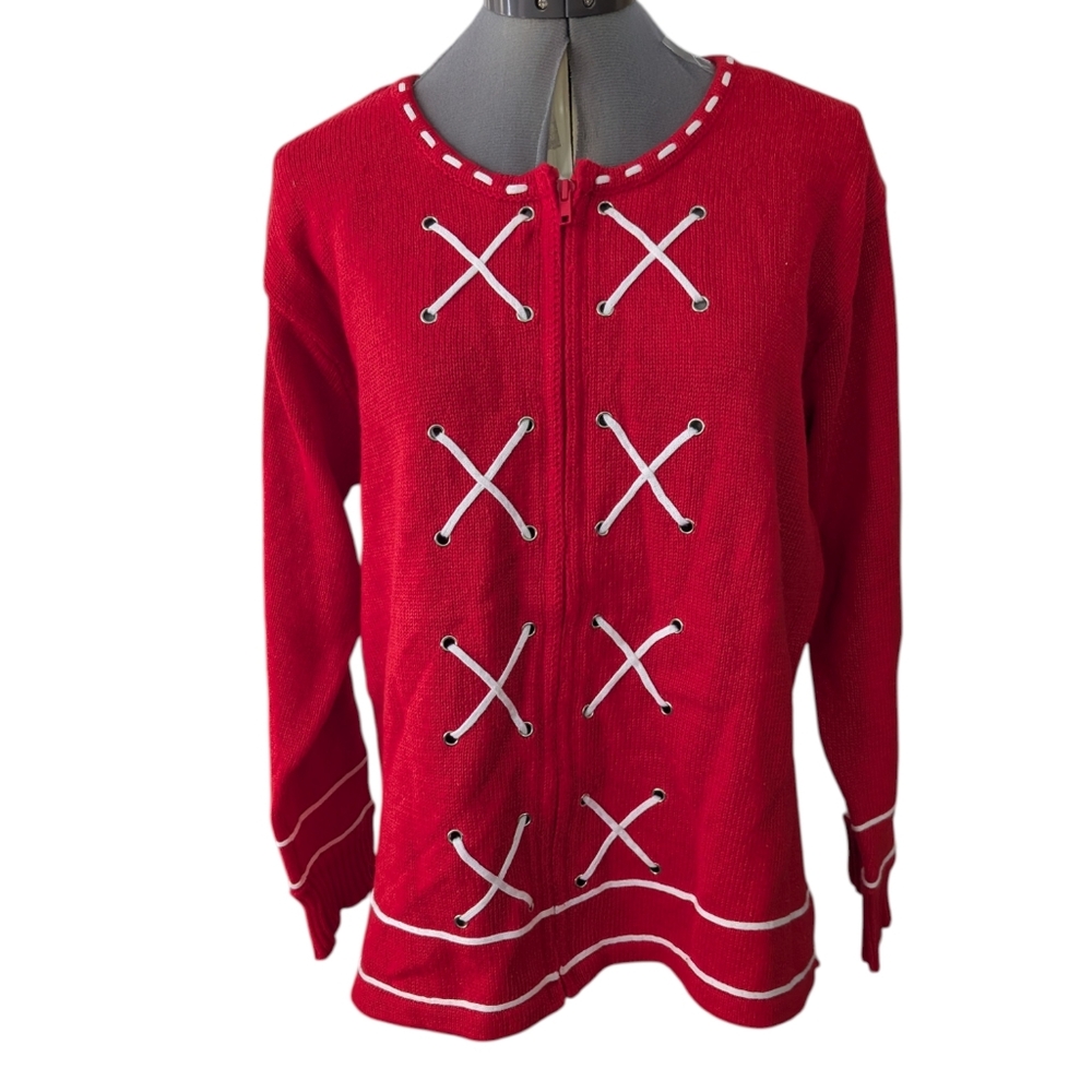 Vintage Storybook Knits Red White Trim Zip Front Cardigan Sweater L NWT